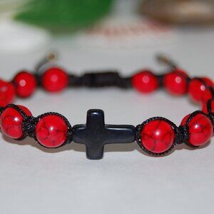Cross Bracelet,Red Howlite Bracelet,Cross Howlite Bracelet,Drawstring Bracelet
